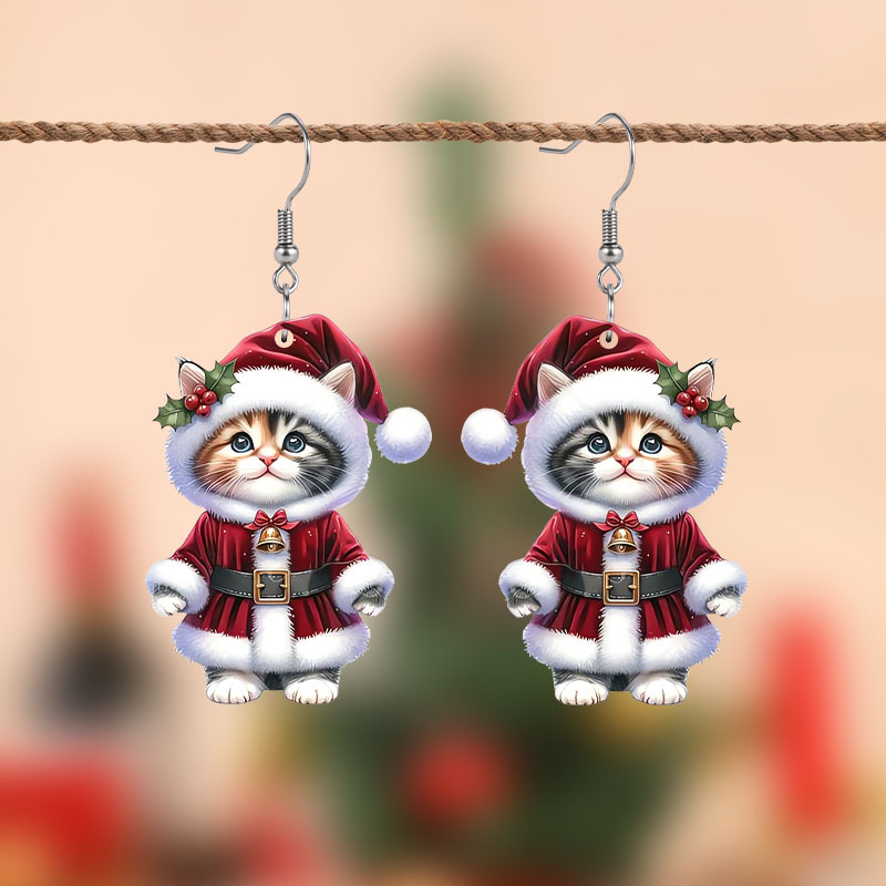 

Acrylic Christmas Cat Earrings - Cute & Classic Dangle Design With Stainless Steel Hooks, Gift For Her