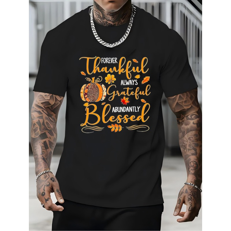 

& & Blessed Graphic Fun Unisex Black T-shirts Mens, Thanksgiving Day Fall Print Short Sleeve Crew Neck T-shirt With Chest Print - Soft Cotton Sizes, Holiday Gift