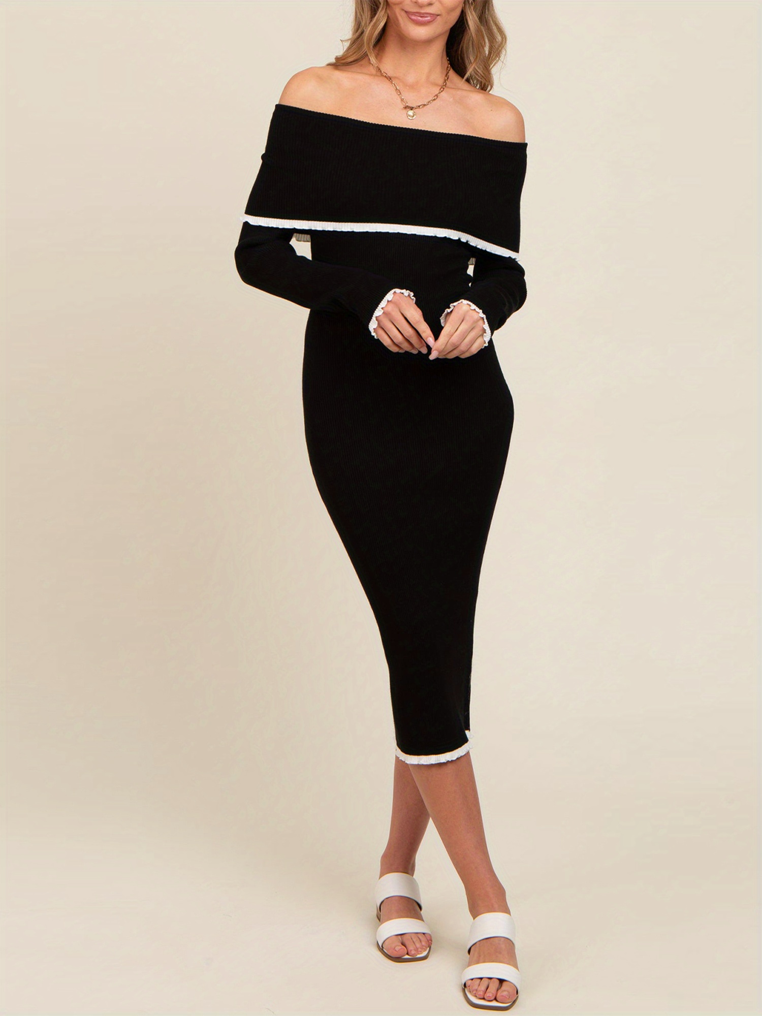 womens knit maternity dress ruffle trim shoulder fold - Temu