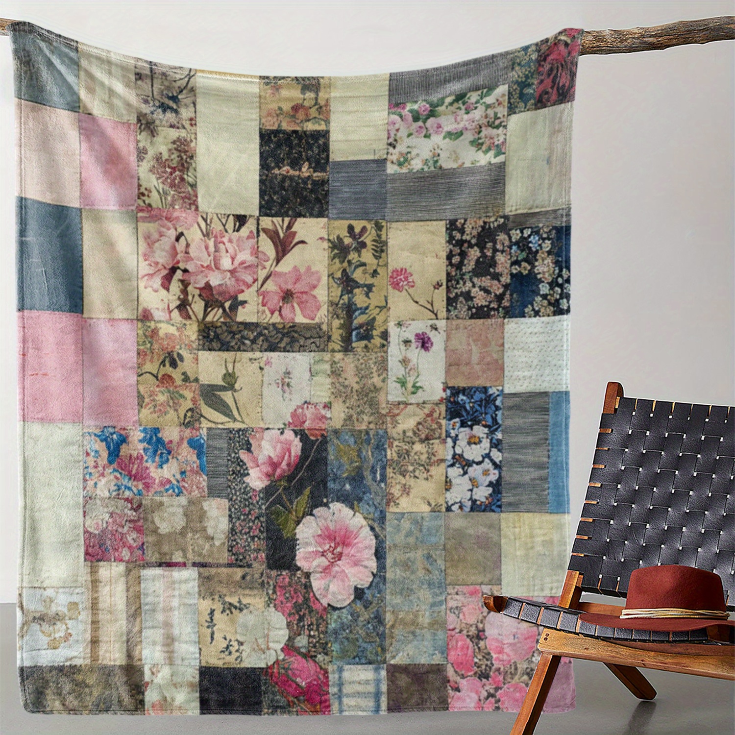 

Vintage Floral Patchwork Flannel Throw Blanket, Soft Cozy , Polyester, Knitted Fabric, Comfort For Couch, Bed, Car, Office, Camping, Travel, Gift - 59x78.7 Inches