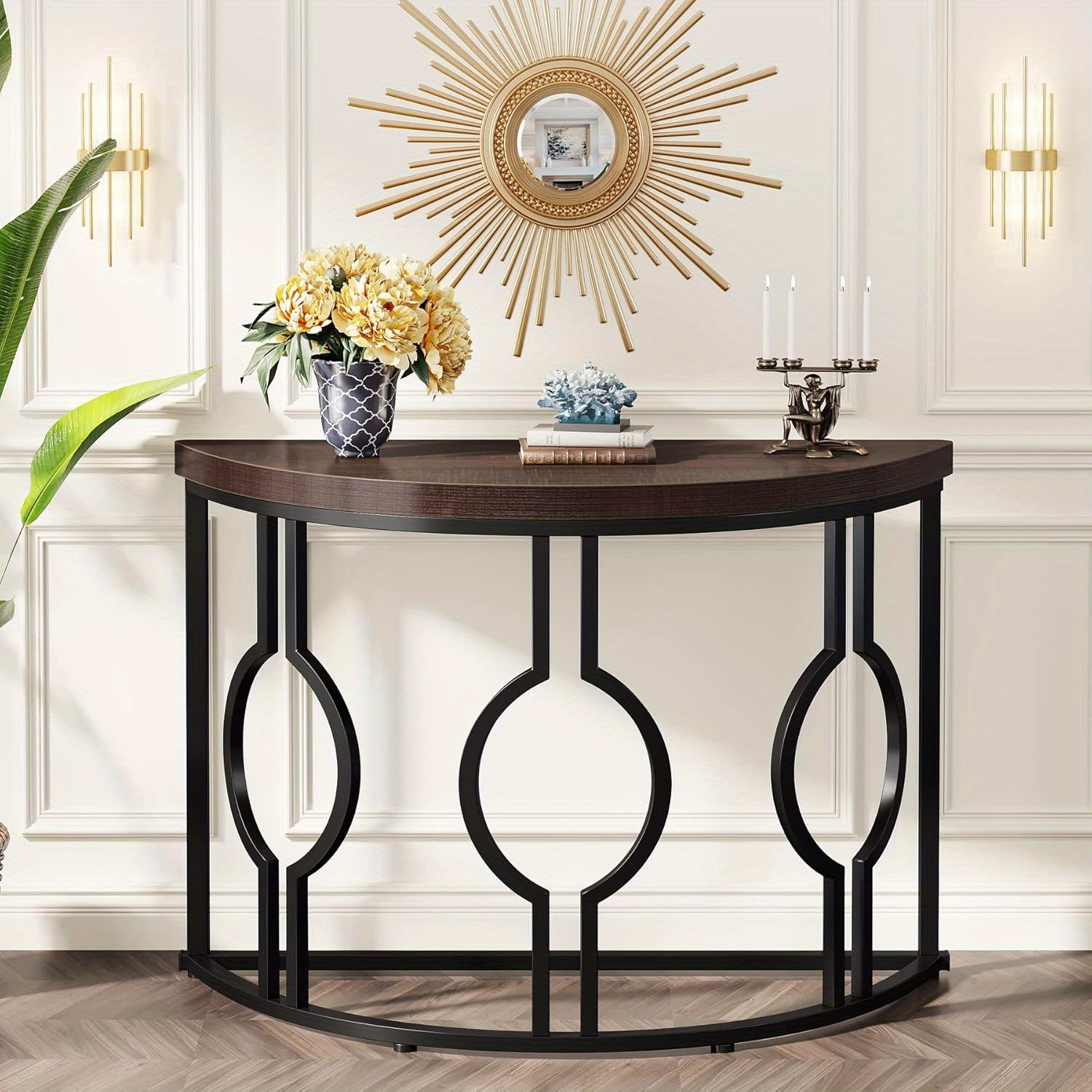 TEMU Half Moon Console Table For Entryway, 43 Inch Industrial Semi Circle Sofa Table With Geometric Base, Wood Accent Table For Living Room, Hallway, Foyer, Entrance