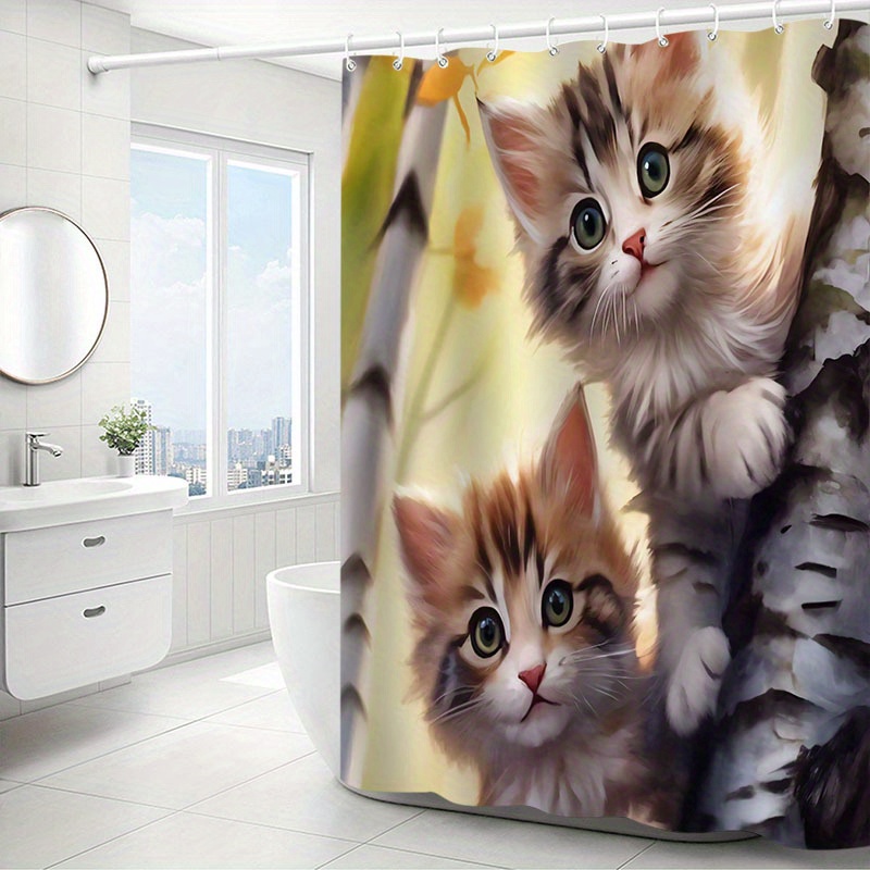 

Adorable Kitten Theme Polyester Bath With Hooks, Water-resistant Artistic Bathroom Decor, Machine Washable, Unlined, Bath Accessory With Knit Weave