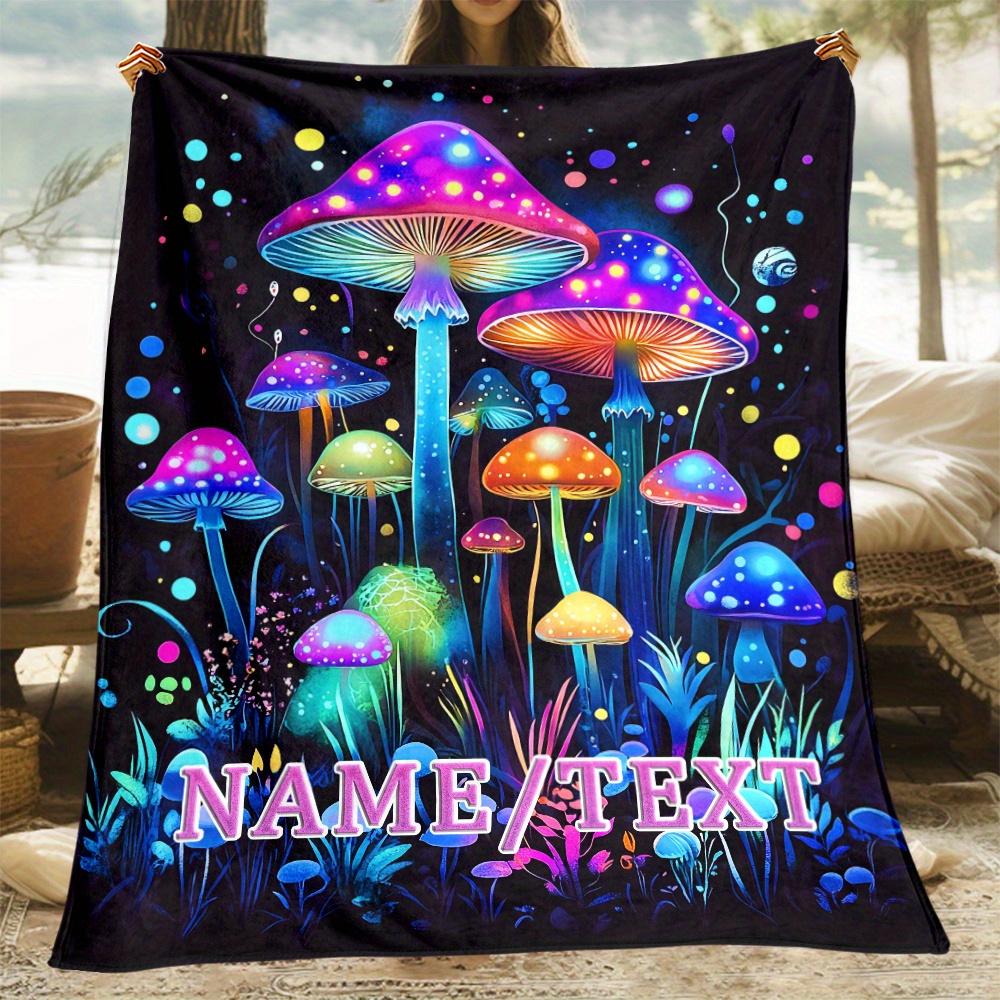 

Customizable Flannel Throw Blanket, Soft, Warm, Lightweight Polyester Fleece, With Personalized Name/text, For Sofa, Bedroom, Office, Camping, Picnic, Travel, Unique Gift Idea, Mushroom Decor