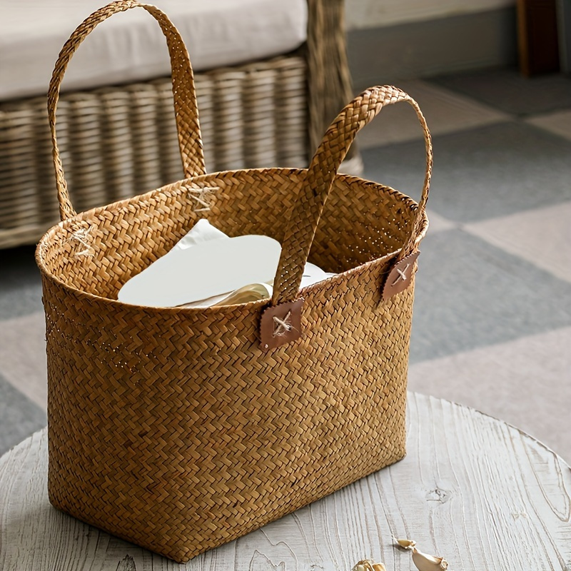 

Chic European-style Woven Tote Bag With Handles - Rattan Storage Basket For Umbrellas, Tissues, Drinks, Clothes & Snacks - Perfect Gift Idea, Handbag, Organizer, Shelf Baskets