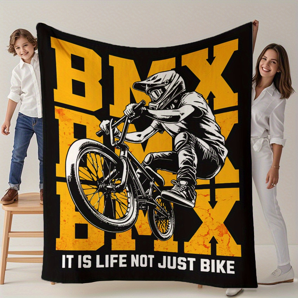 

Contemporary Bmx Biker Printed Flannel Throw Blanket - Knit Polyester Throw For Sofa, Office, Bed, Travel, Air Conditioning, Napping - Multifunctional Gift Blanket 102