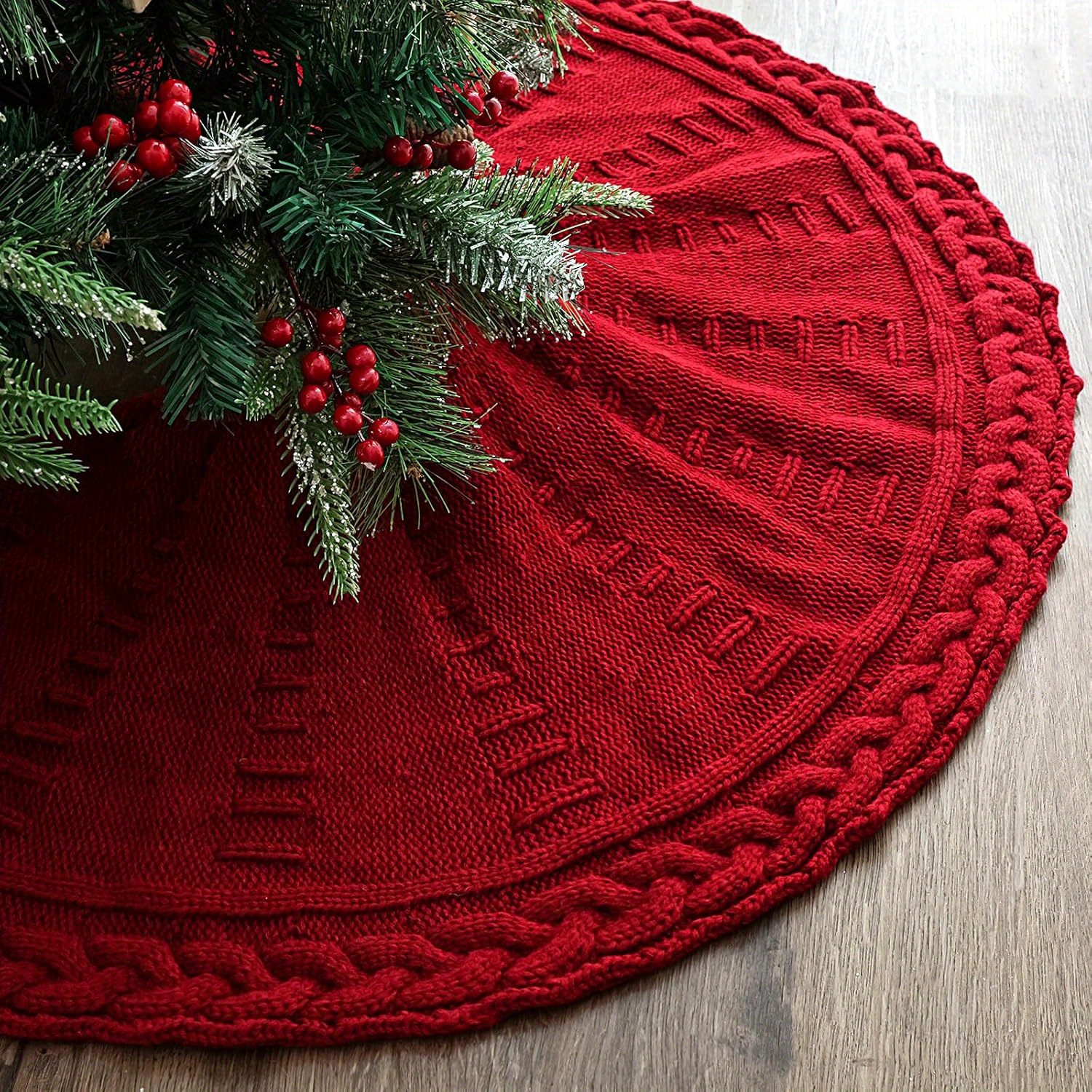 

Pack Of 1 Knitted Christmas Tree Skirt, 24.4" Rustic Cable Knit Tree Decor, Red, For Party Decorations, Farmhouse Christmas Ornaments, Christmas Gift, Commercial Decor, Winter & New Year Celebration