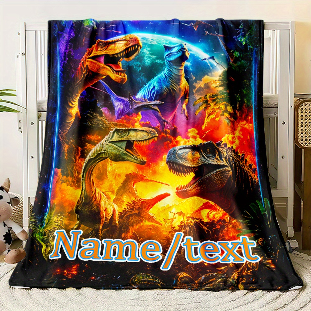 

Customizable Dinosaur Print Blanket - Soft Flannel Throw With Personalized Name, Ideal For Sofa, Bed, Travel, Office - Design, Multiple Sizes , Dinosaur Room Decor