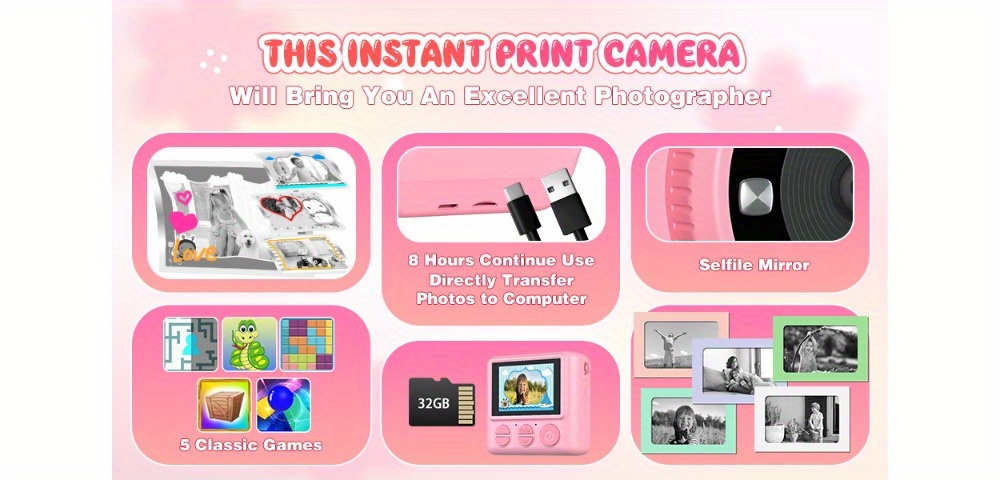 Appareil Photo Instantané Enfant Ushining - 1080P, Zoom 10X, Écran 2.4", Cadeau 3-12 Ans