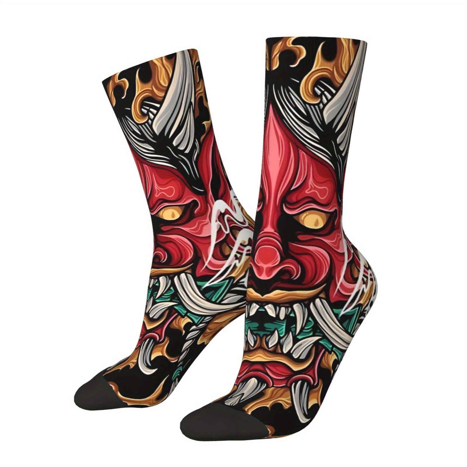 TEMU 1 Pair Funny Happy Oni Mask Japanese Men's Socks Retro Harajuku Merry Christmas Xmas Gift Present Hip Hop Novelty Casual Crew Crazy Sock Gift Printed