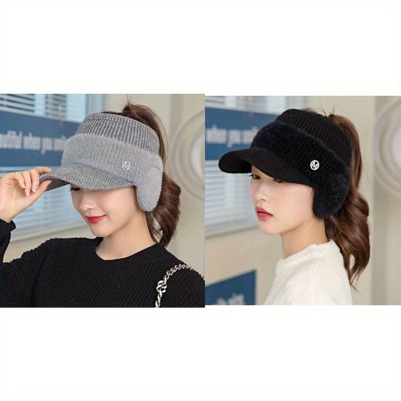 

2pcs/1pc Women's Acrylic Knit Baseball Cap With Visor, Lightweight, Hand-washable, Fitted Winter Ponytail Ear Warmer, Fashion Windproof Cycling Hat With "m" Letter Detail, For Holiday Theme