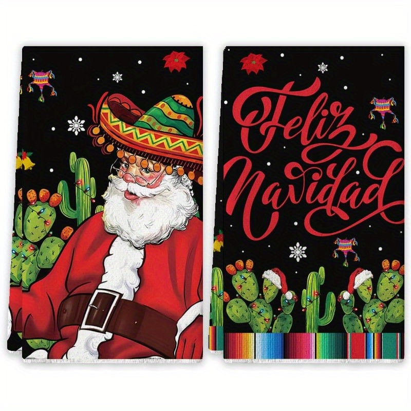 

Mexican-themed Christmas Kitchen Towels Set Of 2 - Woven Polyester, Super Soft, Machine Washable, Contemporary Style, Santa Design, 18 X 26 Inch, Holiday Dish Towels For Family And Bathroom Decor