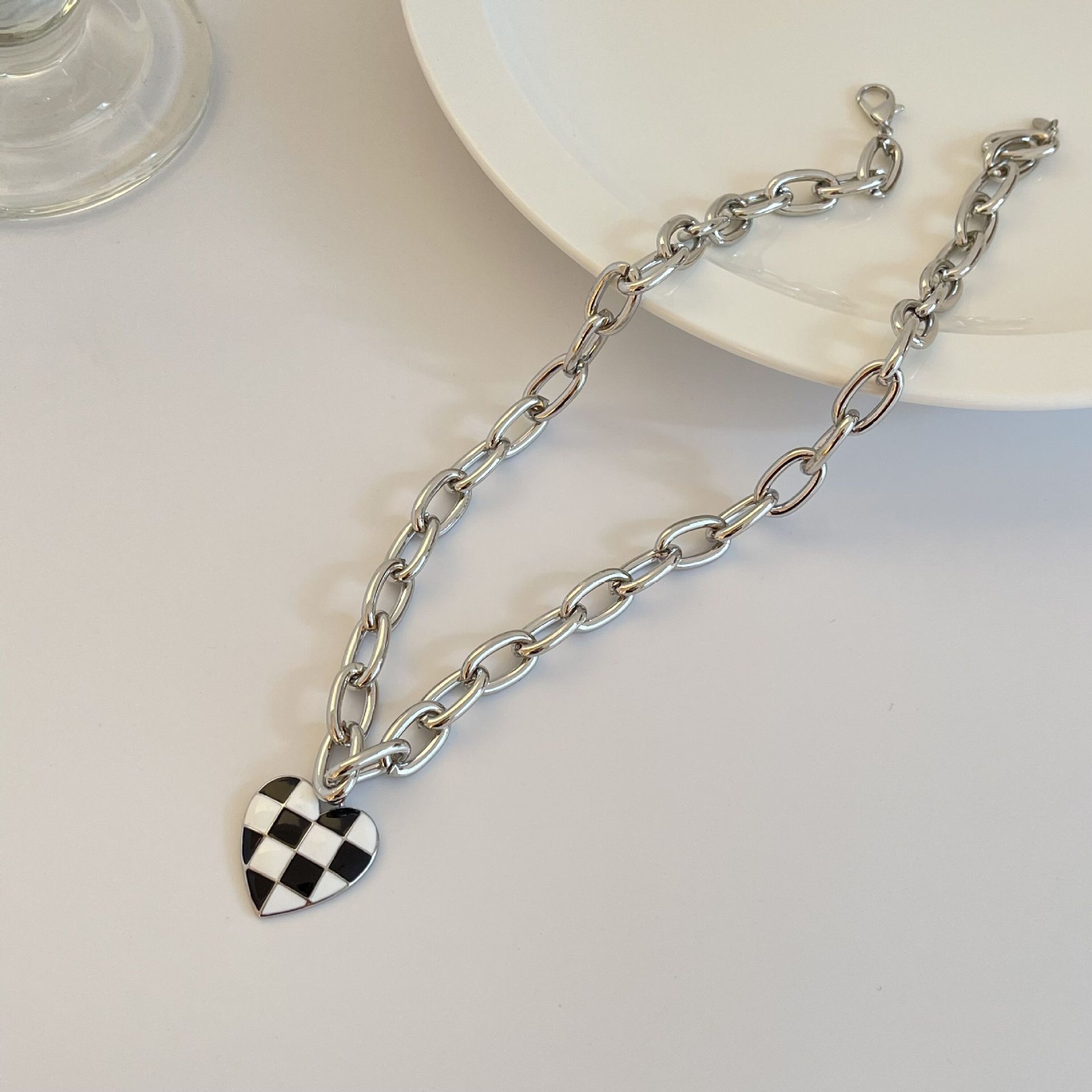 Checkered Heart Pendant Necklace, Creative Sweater Chain, &;s Necklace Gifts, For Women