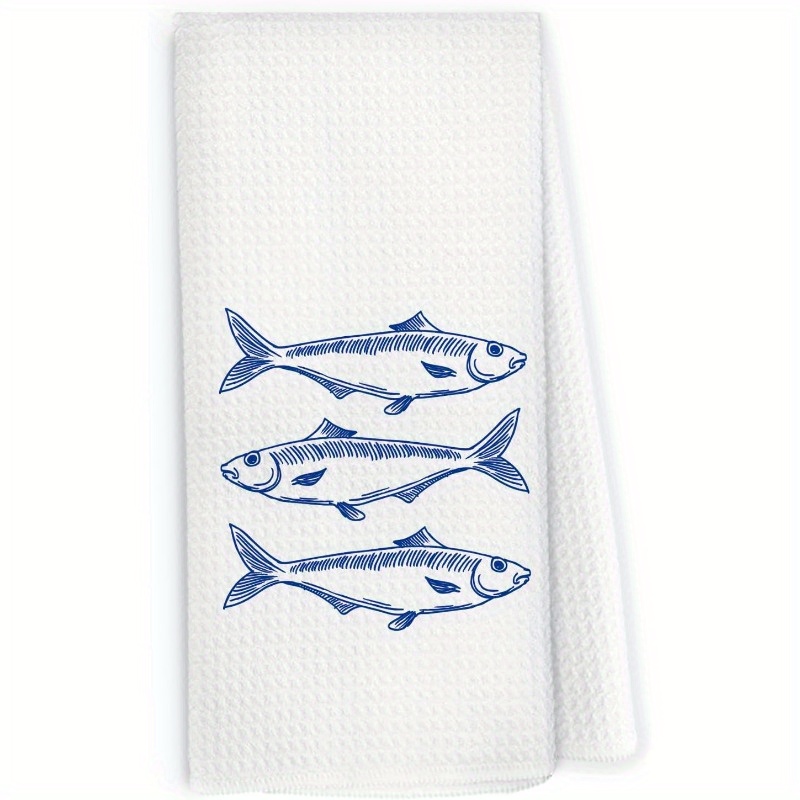 

1pc, Blue Fish Linen Kitchen Towel, 18x26 Inches, Modern Cartoon Style, Soft Polyester Dishcloth, Machine Washable, Rectangular, For Home & Kitchen Decor