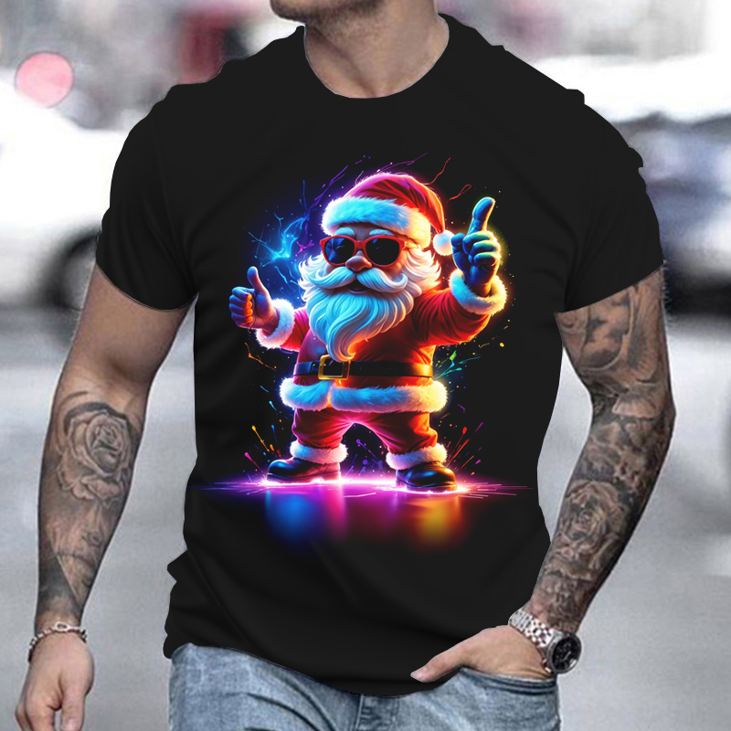 

Men's Vibrant Santa Claus 3d Print T-shirt - Casual Crew Neck, Short Sleeve, Breathable Polyester For Summer & Christmas Parties