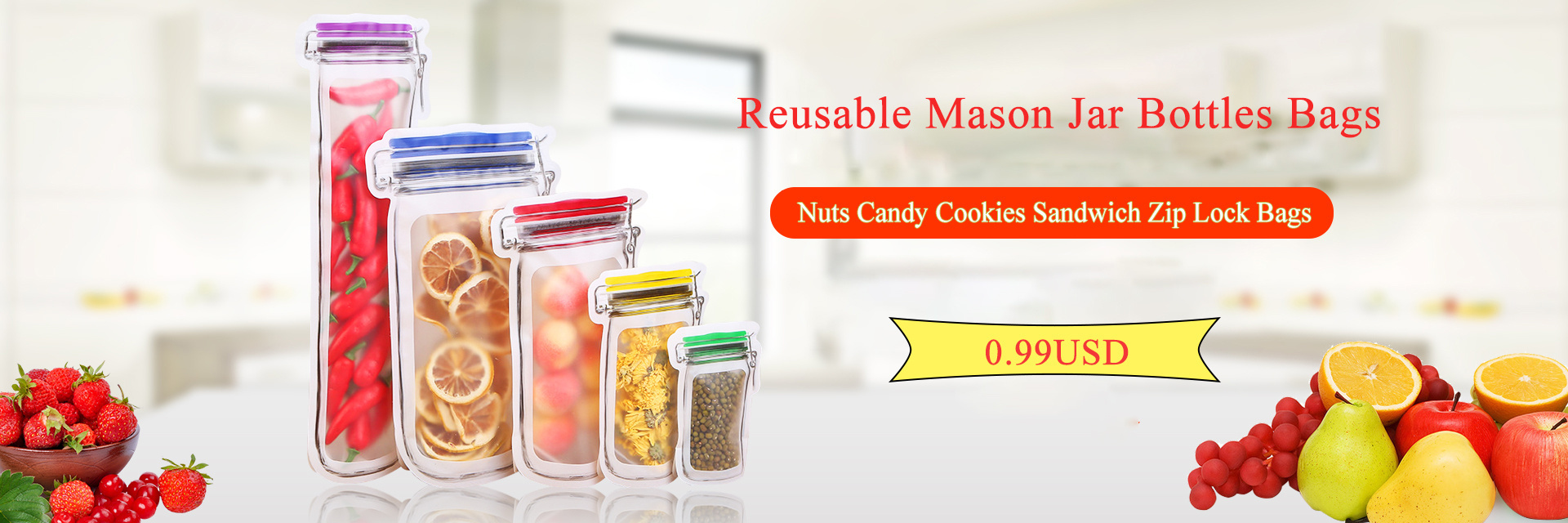 4 pack reusable mason jar zip lock bags multipurpose freezer safe vacuum sealed plastic food storage bags with clip on closure for nuts candy   snacks bpa free no electricity needed details 0