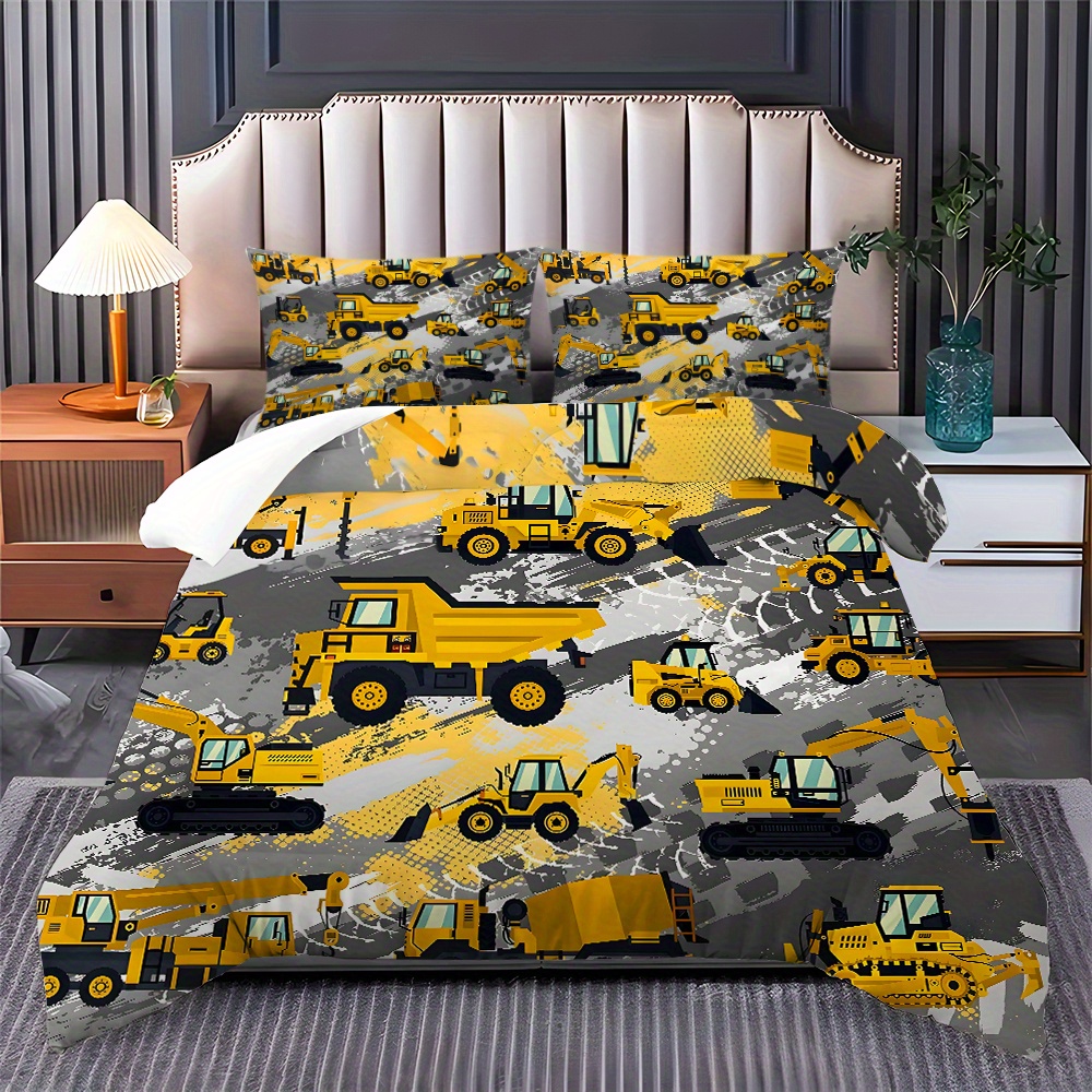 

3pcs Soft & Comfortable Polyester Duvet Cover Set - Mechanical Engineering Mining Truck Design, Includes 1 Duvet Cover And 2 Pillowcases, Bedroom Or