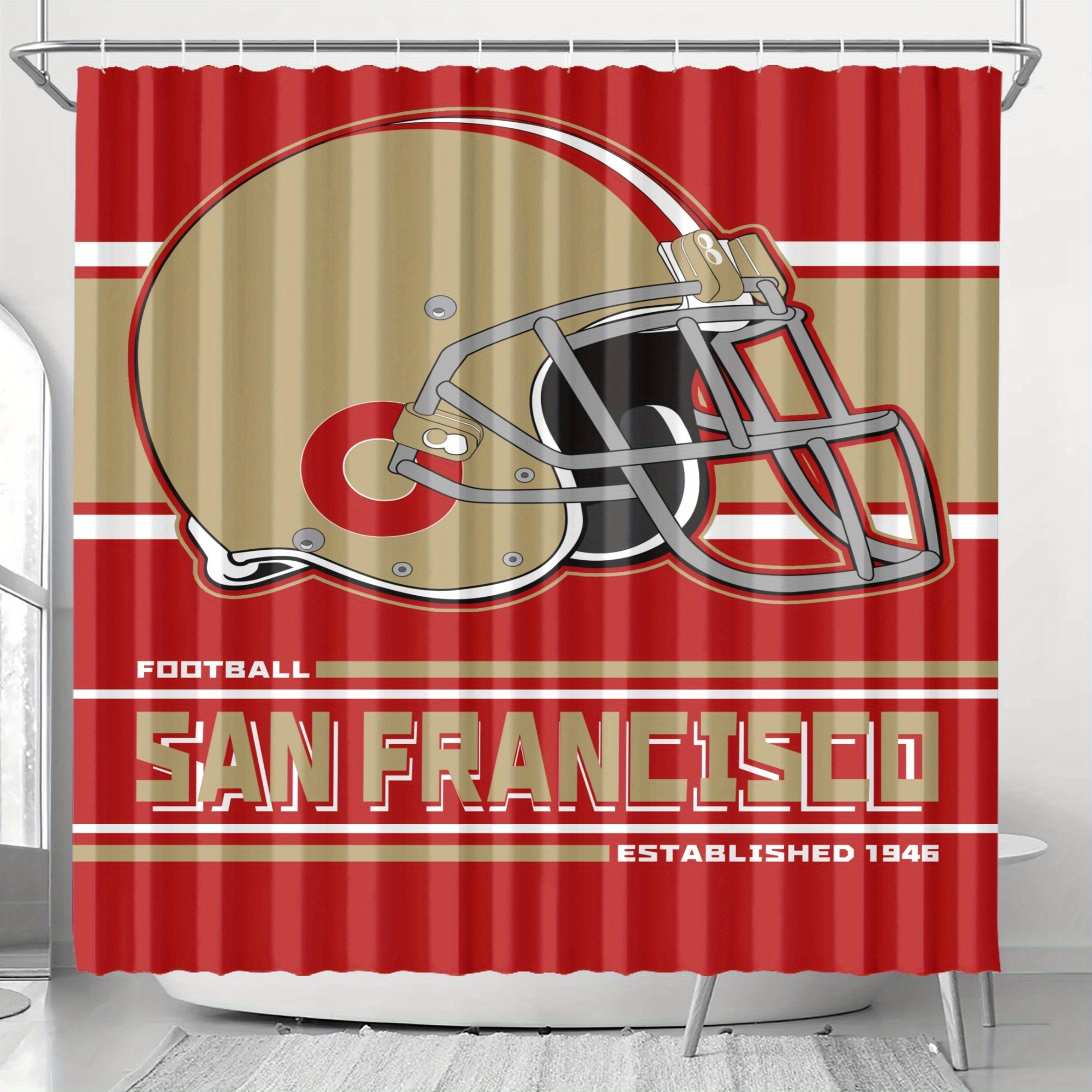 

San Football Team Waterproof Shower Curtain With Hooks - Machine Washable, Polyester Bathroom Decor