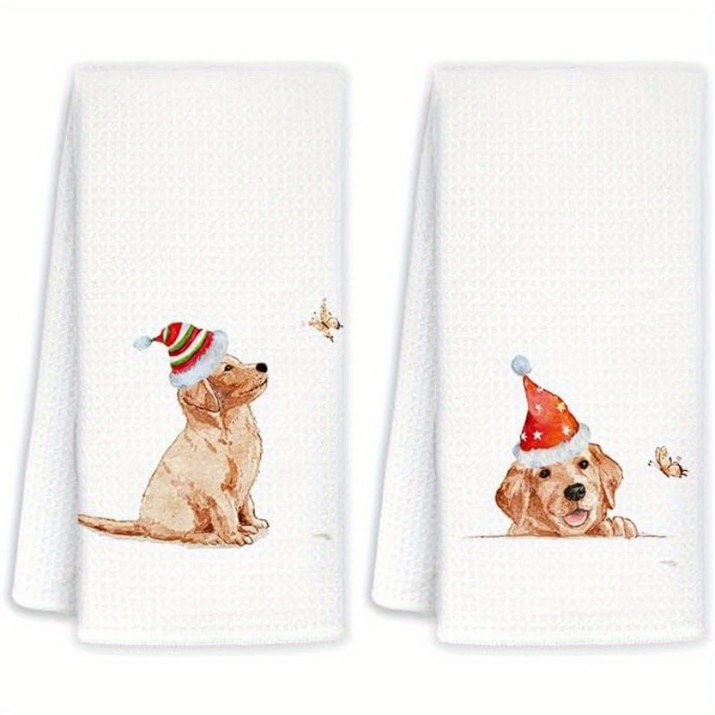 

2-piece Set Christmas Kitchen Towels With Golden Retriever Design, 18x26 Inch, Super Polyester Dish Cloths, Machine Washable, Contemporary -themed Oblong Hand Towels For Kitchen Decor And Gifts