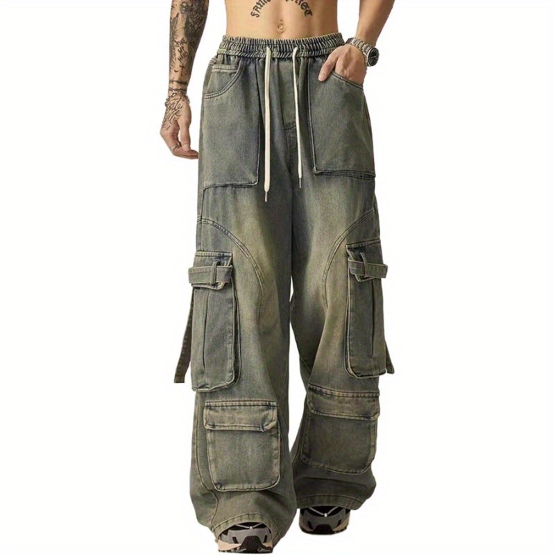 【KOOLOSET】Vintage Washed Cargo Pants men's vintage washed cargo jeans high waist baggy wide leg