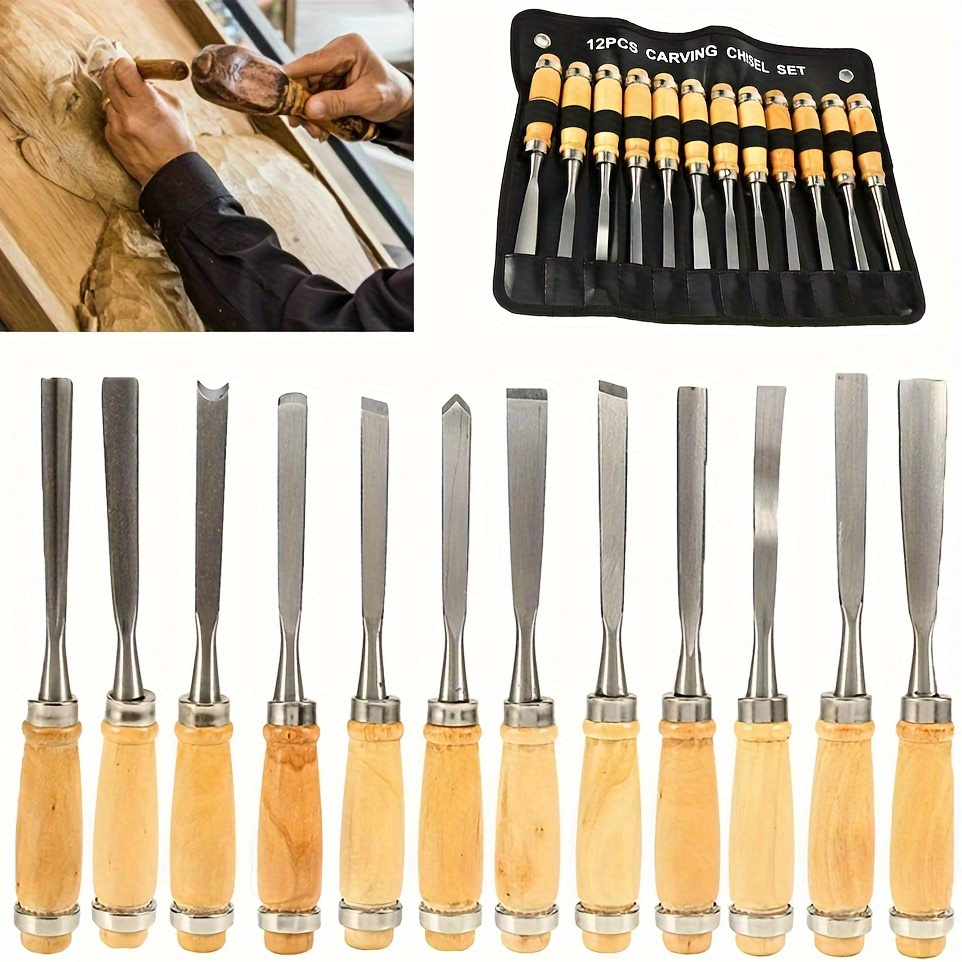 

12-piece Wood Carving Chisels Set, Full-size Gouges & Knives, Beginner To Professional, With Canvas Carrying Case, Manual Hand Tools For Home Renovation