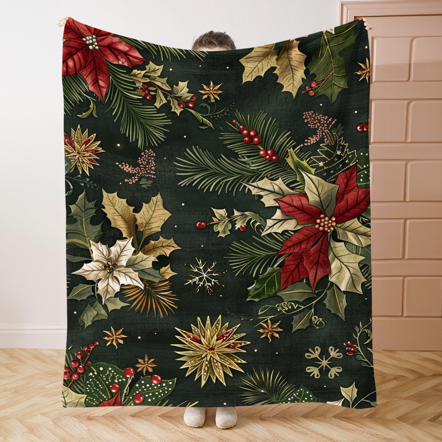 

Couverture de Noël florale - Flanelle tricotée en polyester , couverture chaude et légère toutes pour lit, canapé, bureau, camping, voyage - numérique couleur mélangée, 1 pièce