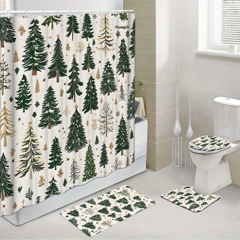 

1pc/4pcs Christmas Waterproof Shower Curtain Set With 12 Hooks And Bath Mat Toilet Seat Bathroom Seat Anti-slip Carpet Rug Polyester Fabric Curtain Bathroom Accessories Home Decor (open)