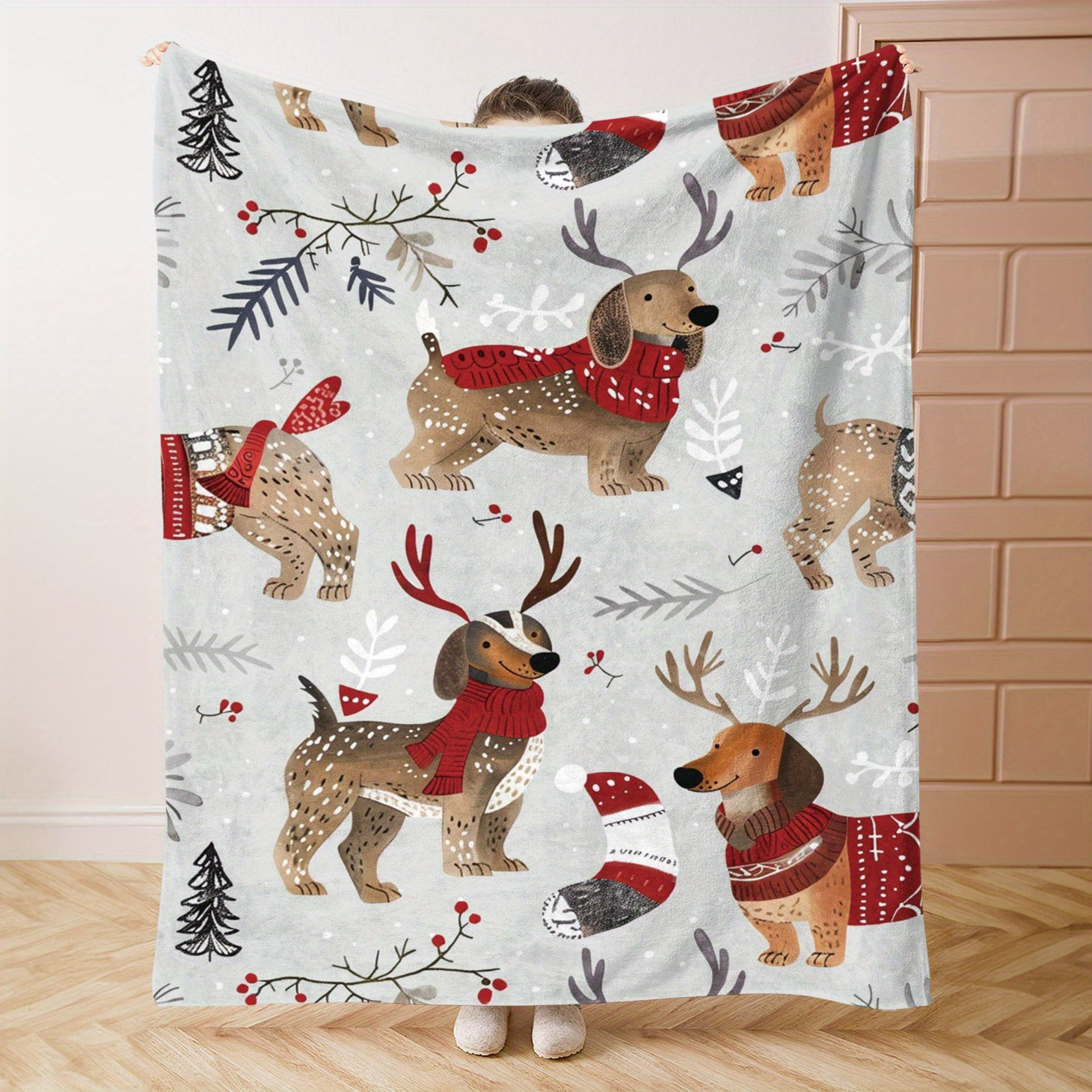 

1pc Christmas Dog & Reindeer Flannel Blanket, Soft & Cozy Throw For Bed, Sofa, Office, Gift, Camping, Travel, Lightweight Polyester, , Contemporary Style, Use, 200-250g Knit Fabric, Colors