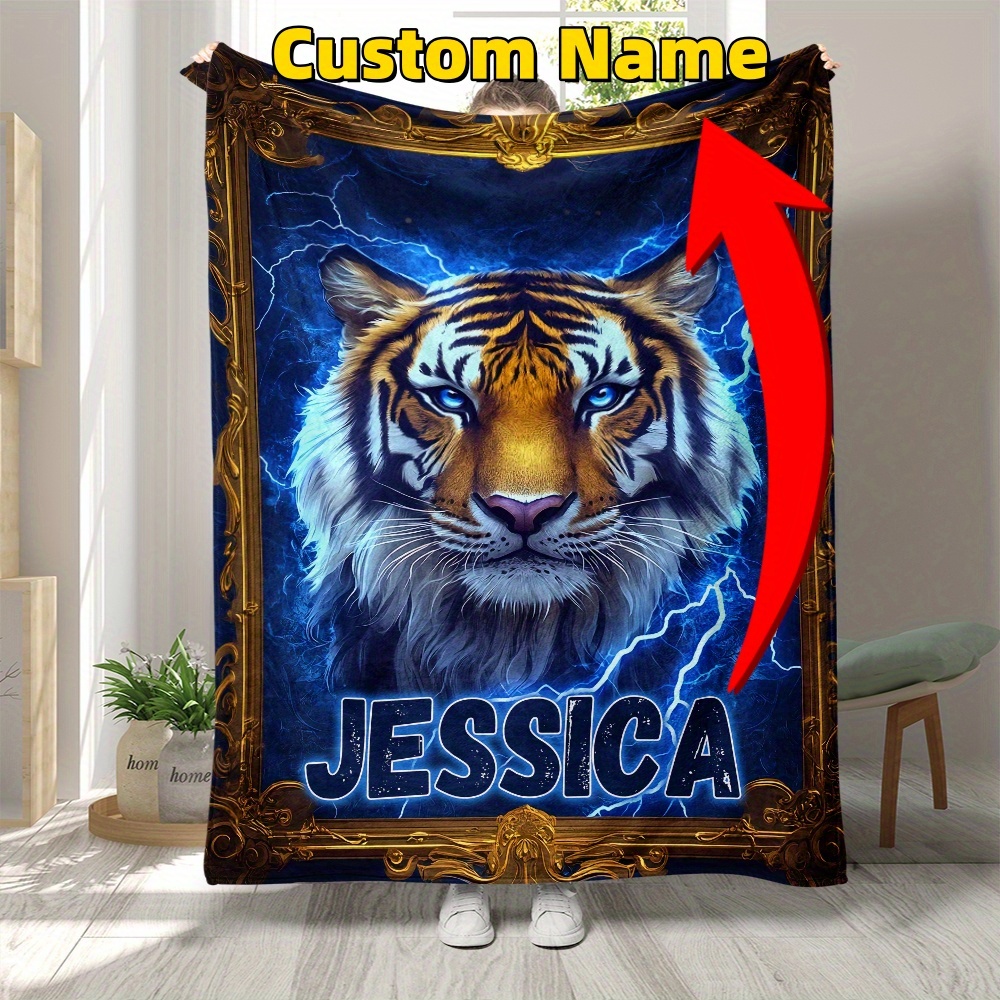 

Personalized Tiger Print Blanket With Name – Soft Flannel Fleece, No Feathers, Polyester, Electricity-free – Portable Throw For Couch, Bed, Travel, Office – Custom Digital