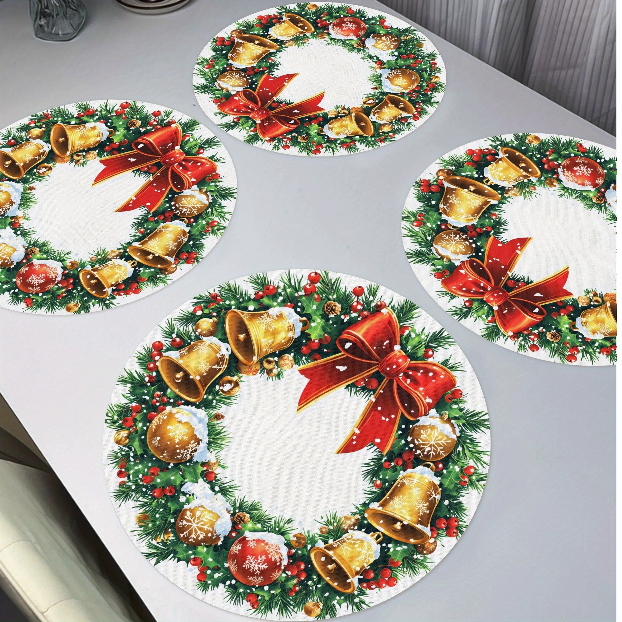 

4pcs Merry Christmas Placemats Set - Lights & Wreath Design, 15" Round, Non-slip & Heat Resistant, Polyester, Hand Wash Only - Holiday Dining & Kitchen Decor, Christmas Decor