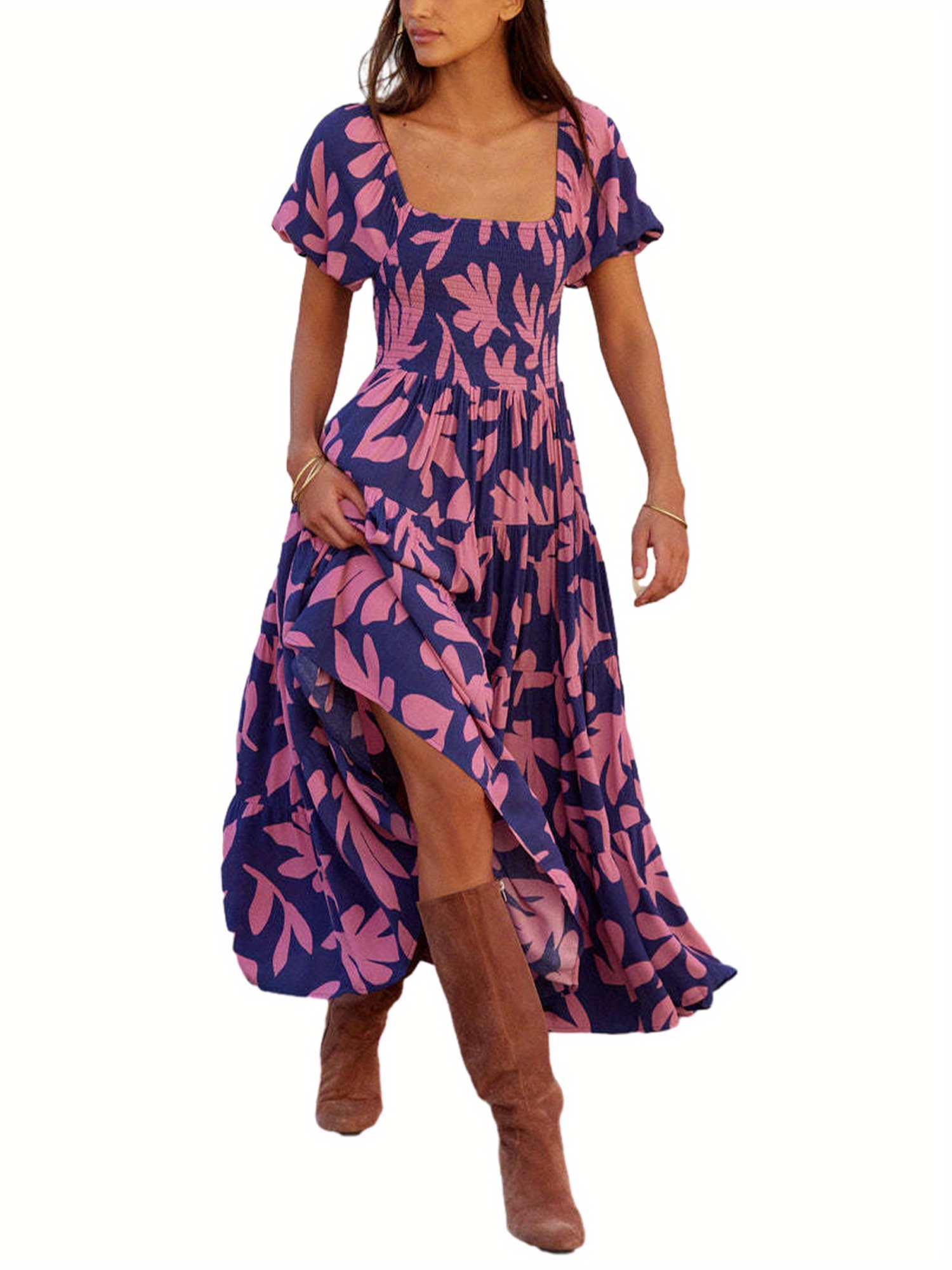 chinese dress ladies PRETTYGARDEN Women's Casual Summer Midi Dress Puffy Short Sleeve Square  Neck Smocked Tiered Ruffle Dresses (Floral Blue,Small) at Amazon Women's  Clothing store