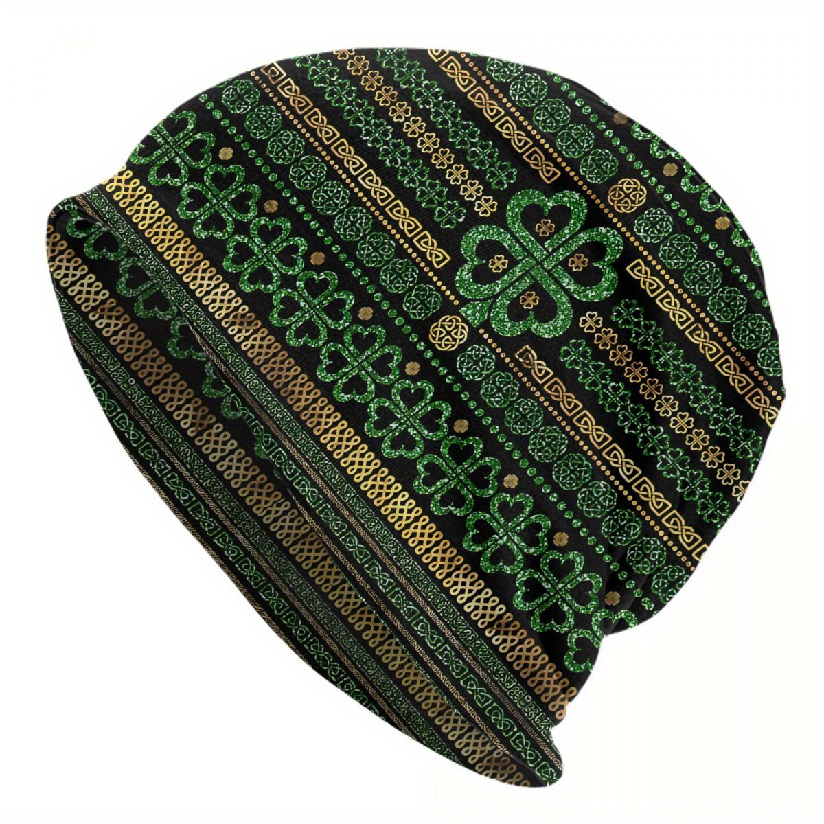 

Biihudu Men's 's Day Beanie - Green Shamrock And Pattern, Comfortable Knit Skull Cap With Golden Accents,