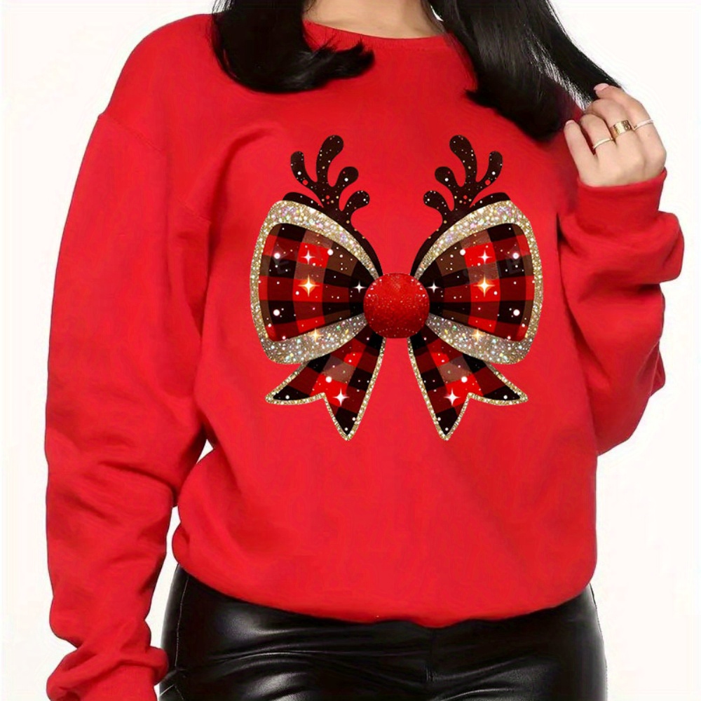 

Women's Plus Size Casual Christmas Sweatshirt With Reindeer & Bow Print - Cozy Polyester, Round Neck, Machine Washable - Fall/winter, Plus Size Christmas Sweatshirt