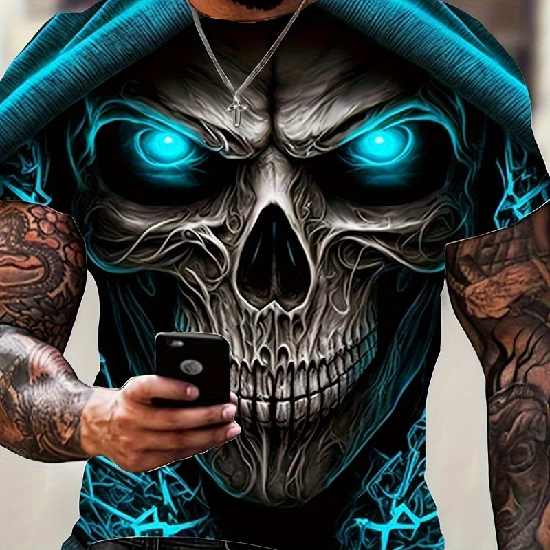 

Men's 3d Skull Print T-shirt - Edgy , Menacing Design, Oversized Short Sleeve Tee With Round Neckline, Lightweight Polyester, Halloween & Gothic Fashion Enthusiasts, Skull Decor