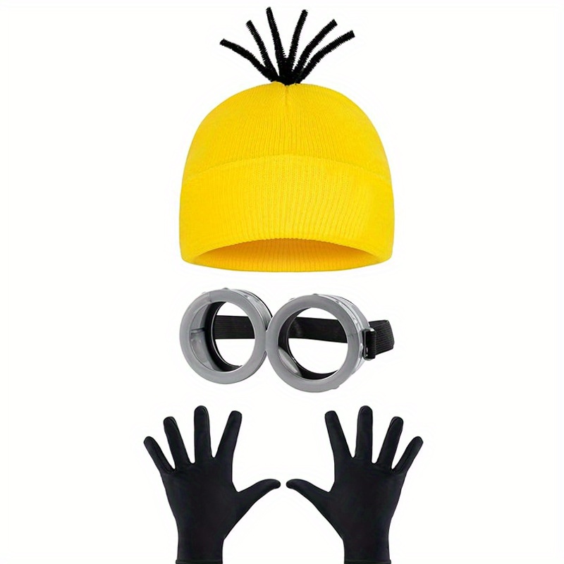 

Ensemble de Déguisement Minions, chapeau tricoté créatif de dessin , yeux lentille et gants noirs, ensemble de déguisement pour les vacances, décoration de fête