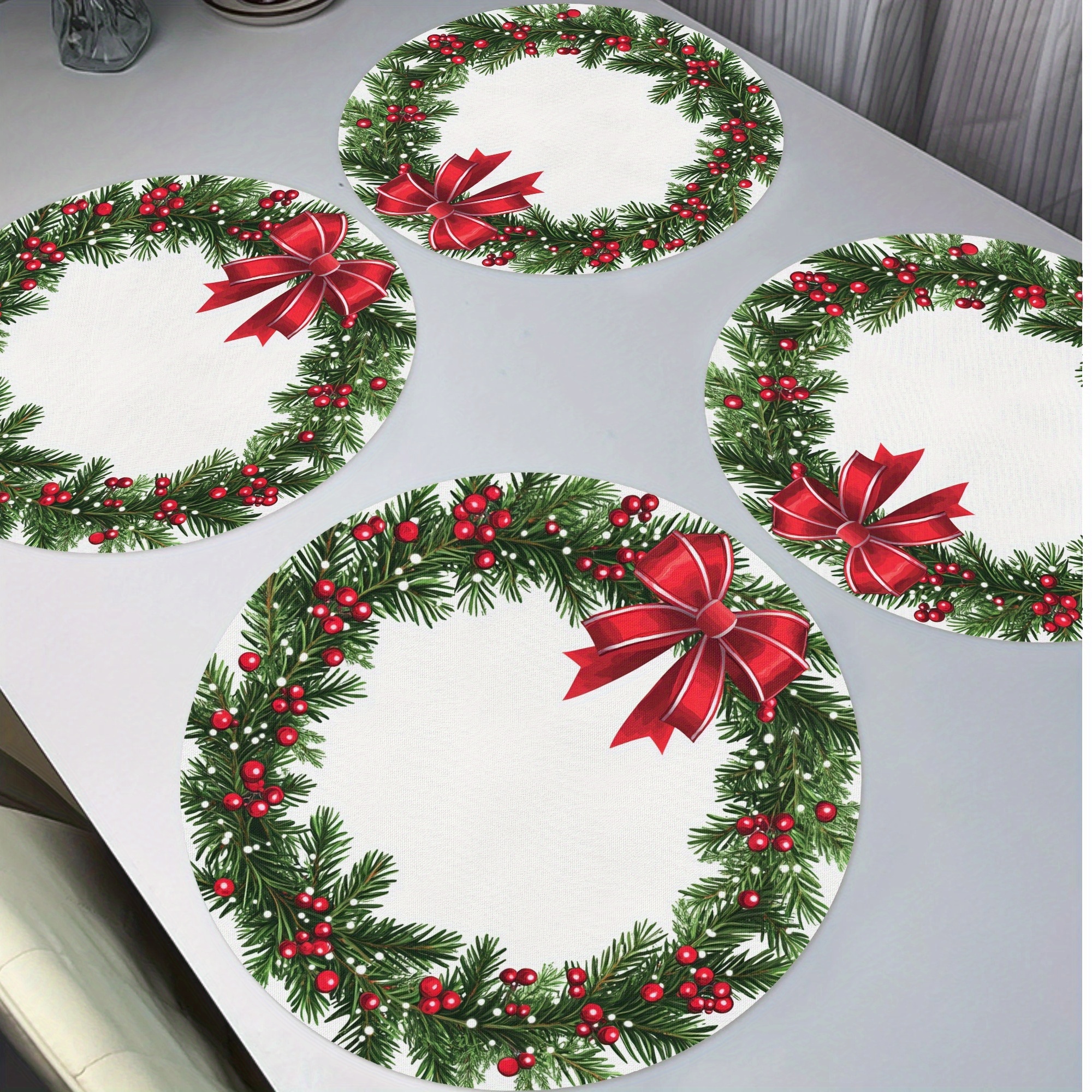 

4pcs Christmas Placemats Set - Polyester Round Table Mats With And Red Bow Wreath Design, Machine Washable, Non-toxic, For Holiday Dining & Kitchen Decoration