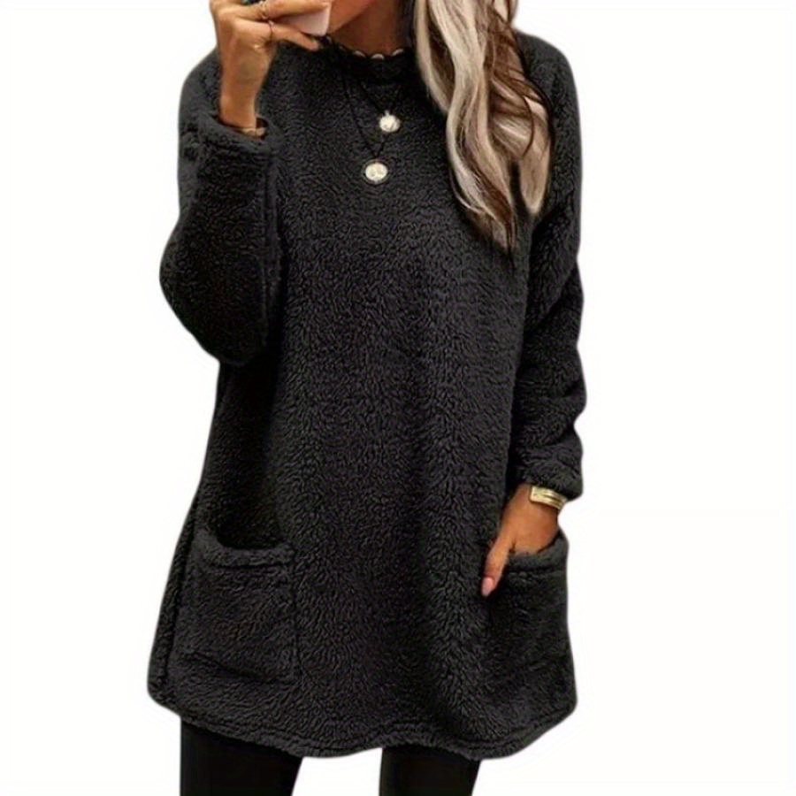 

Women's Plush Loose Sweatshirts Solid Color Crew Neck Long Sleeve Pullovers Loose Casual Tops With Pockets
