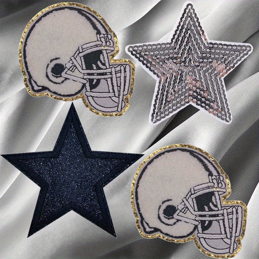 

4pcs White Football Helmet & Star Embroidered Patches - Iron-on/sew-on Appliques For Sports Fans, Ideal For Clothing, Vests, Jackets, Jeans, Backpacks & Hats