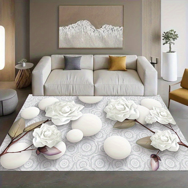 TEMU 1pc Exquisite White Rose Pattern Suitable For Kitchen Bathroom Floor Mats, Living Room Floor Mats, Bedroom Floor Mats, Outdoor Floor Mats