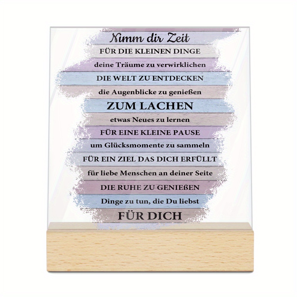 Image of 2d Flat, 1pc Putuo Decor Inspirational German Quotes Acrylic Sign With Wooden Base - Square, Colorful Desk Decor For Home & Farmhouse | " For " & More Messages | Ideal Gift