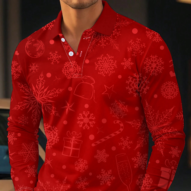 

Men's Casual Long Sleeve Shirt With 3d Digital Christmas Print, Regular Fit Polyester Knit With Stretch, Lapel Collar Top With Button Detail