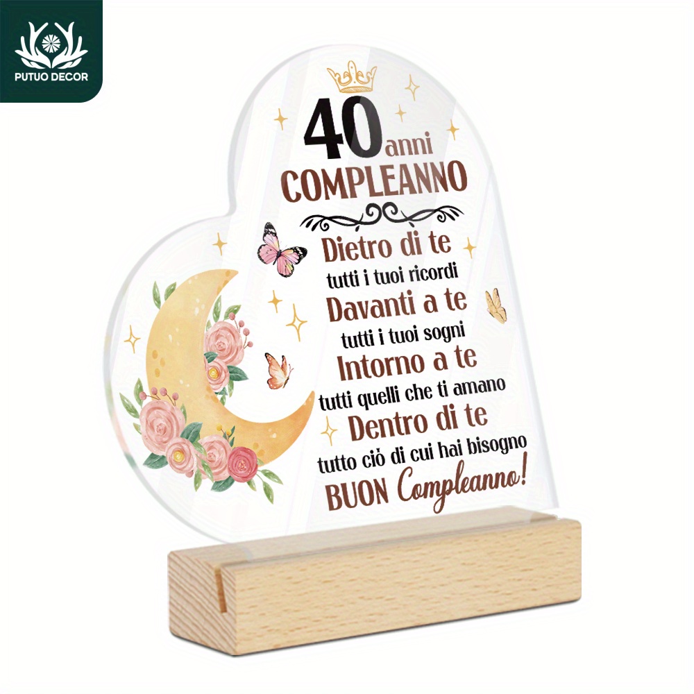 

1pc Decor -shaped Acrylic Sign With Wooden Base, 40th Birthday "compleanno" Message, Farmhouse Style Home & Party Table Centerpiece, No Power Needed