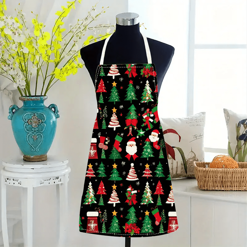 

Large Linen Christmas Tree Kitchen Apron - Sleeveless, Stain & Oil Resistant Cooking Bib For Home Decor And Holiday Gifts