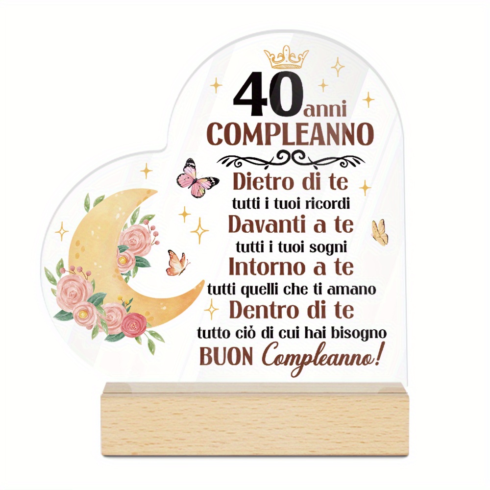 TEMU Piatto 2D, Insegna a forma di cuore in acrilico italiana con messaggio "Compleanno" per 40簞 compleanno, Centrotavola da tavolo per casa e feste