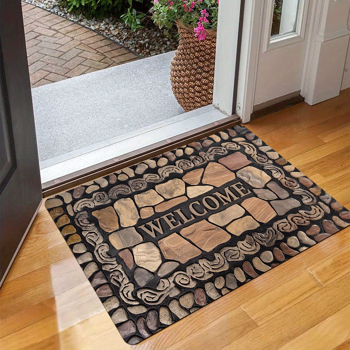 

[customer ] Welcome Home Vintage Pebble Pattern Door Mat - Stain Resistant, Quick-dry Polyester With Non-slip Backing For Indoor/outdoor Use, Christmas Decor, Balcony, Bathroom