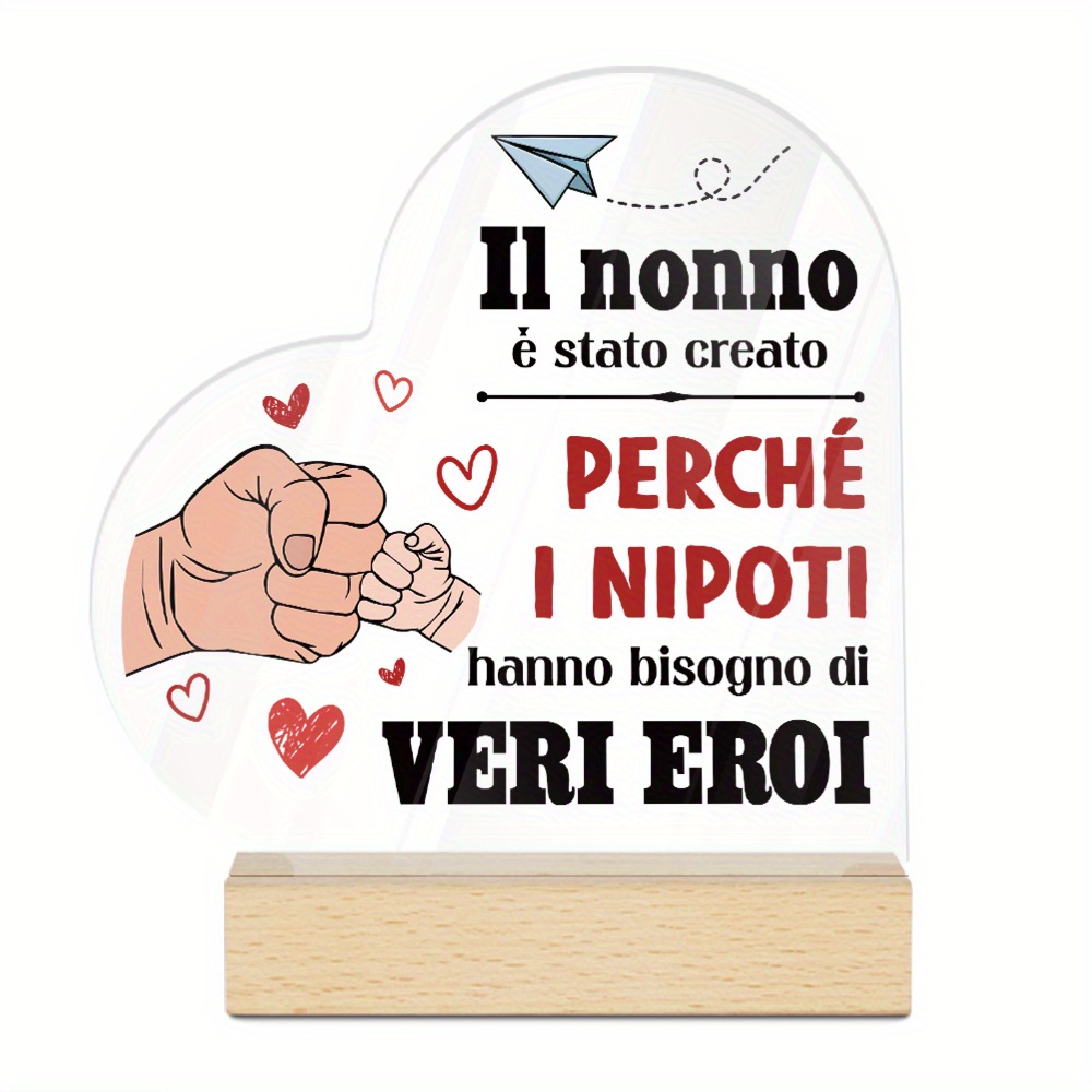 TEMU Piatto 2D, 1 pz Insegna Acrilica Italiana a Forma di Cuore, Decorazione da Tavolo, "Il 癡 stato perch矇 un Nipote Aveva Bisogno di un Vero Eroe,"