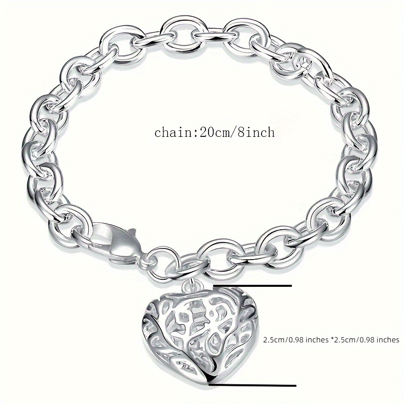 TEMU 1pc Stainless Steel Hollow Out Love Pendant Bracelet For - Elegant Vintage Heart Charm Bracelet With Interlocking Chain, Everyday Jewelry Gift