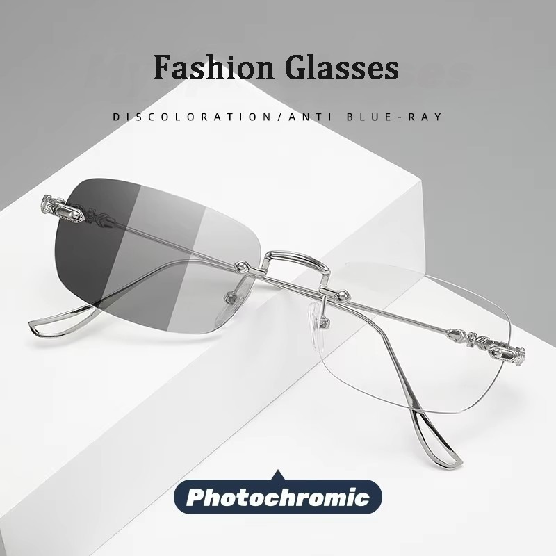 

Vintage Rimless Photochromic Glasses - Anti-blue Light, Pc Lens, , For Daily & Hiking - Fashionable Flat Lens Eyewear For Unisex