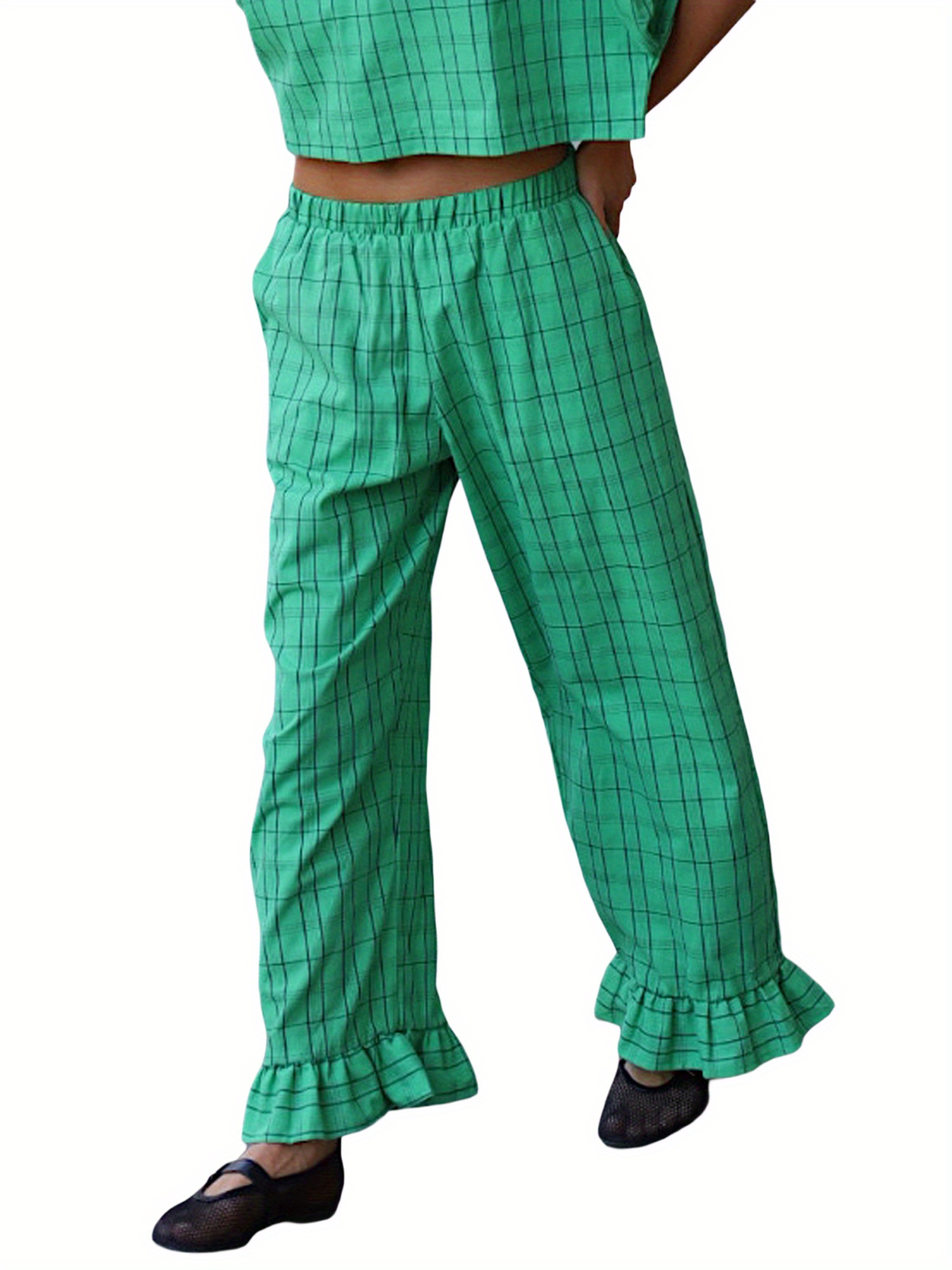 womens green white vertical stripe flared pants elastic Temu