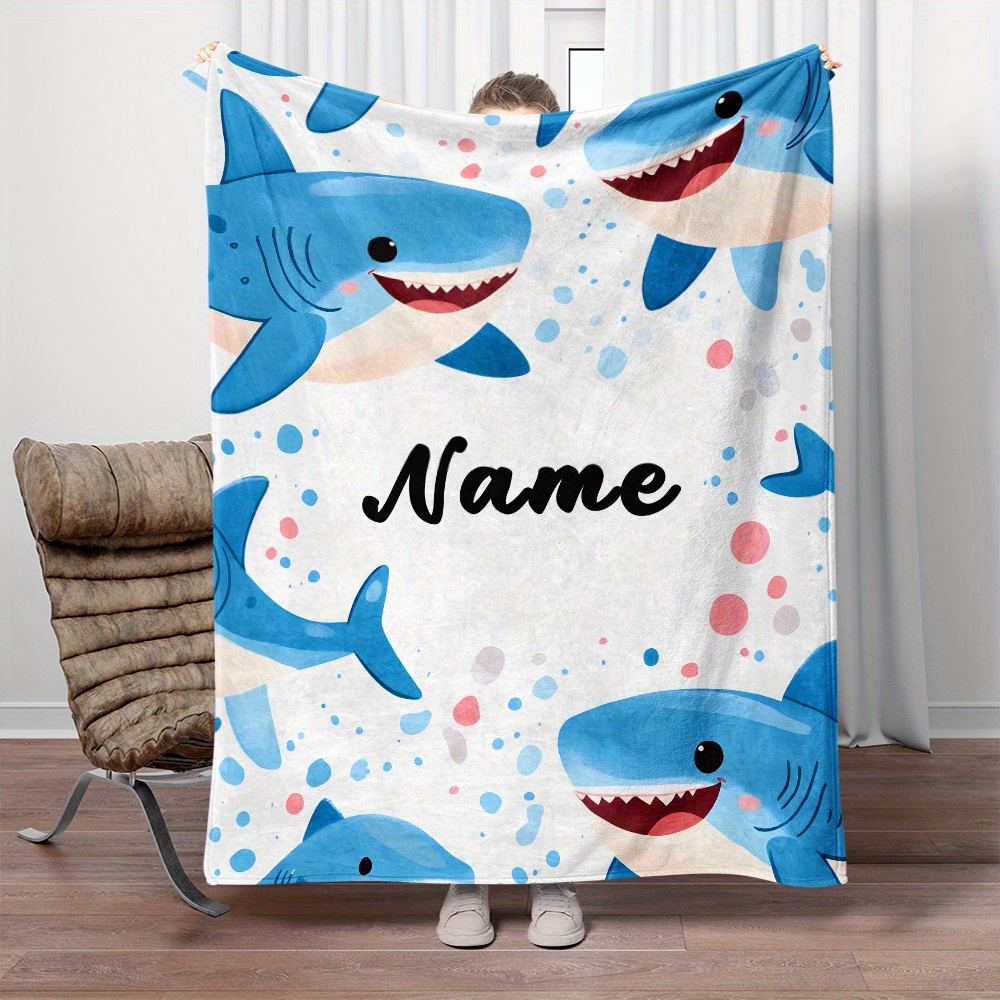 

Personalized Shark Cartoon Flannel Throw Blanket - Soft, Lightweight & Warm For Sofa, Bed, Travel, Camping & Office - Custom Name