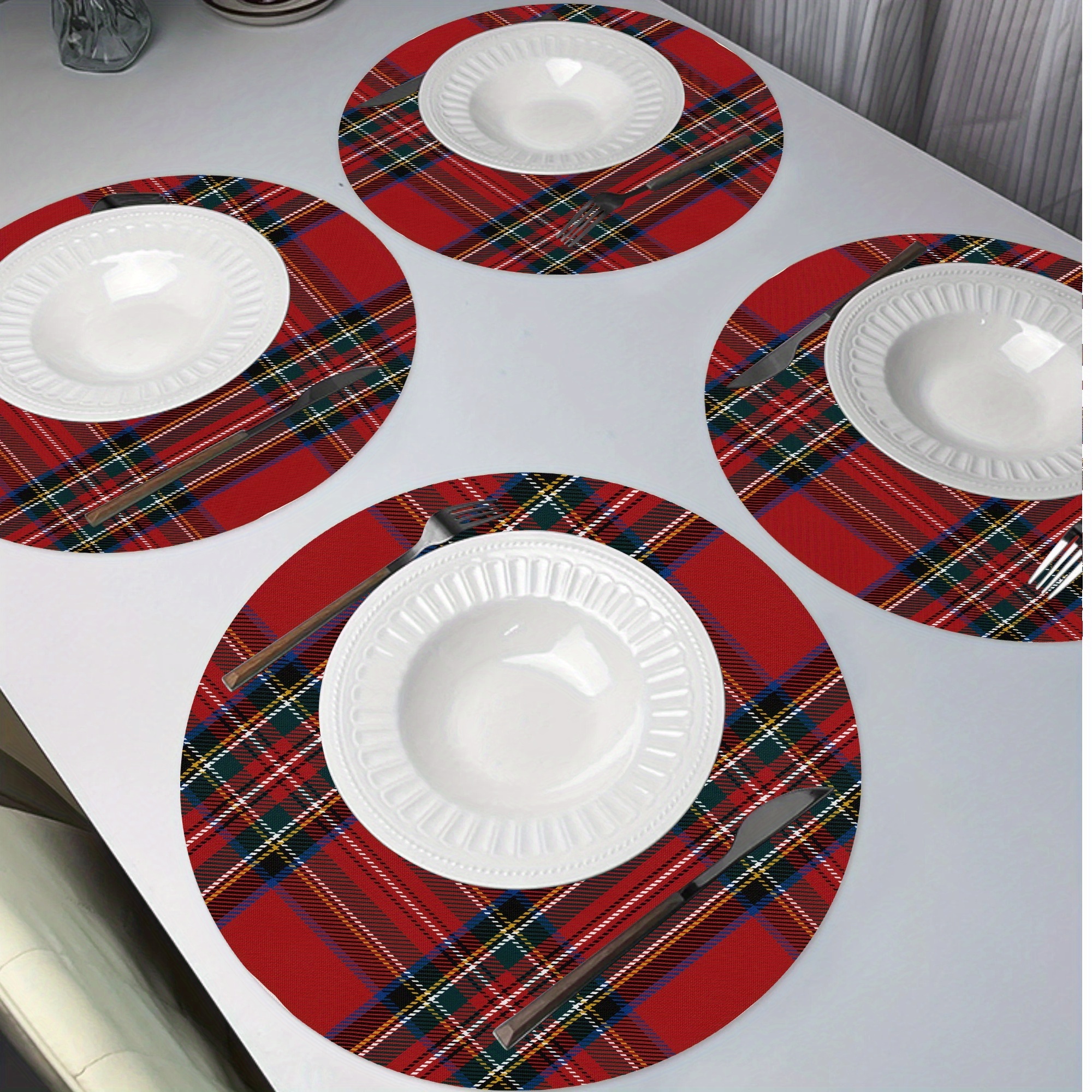 

4pcs Set Vintage Christmas Striped Round Placemats, 15" Polyester Heat-resistant Table Mats For Holiday & Dining, Easy Clean Kitchen Decor, Best For Christmas